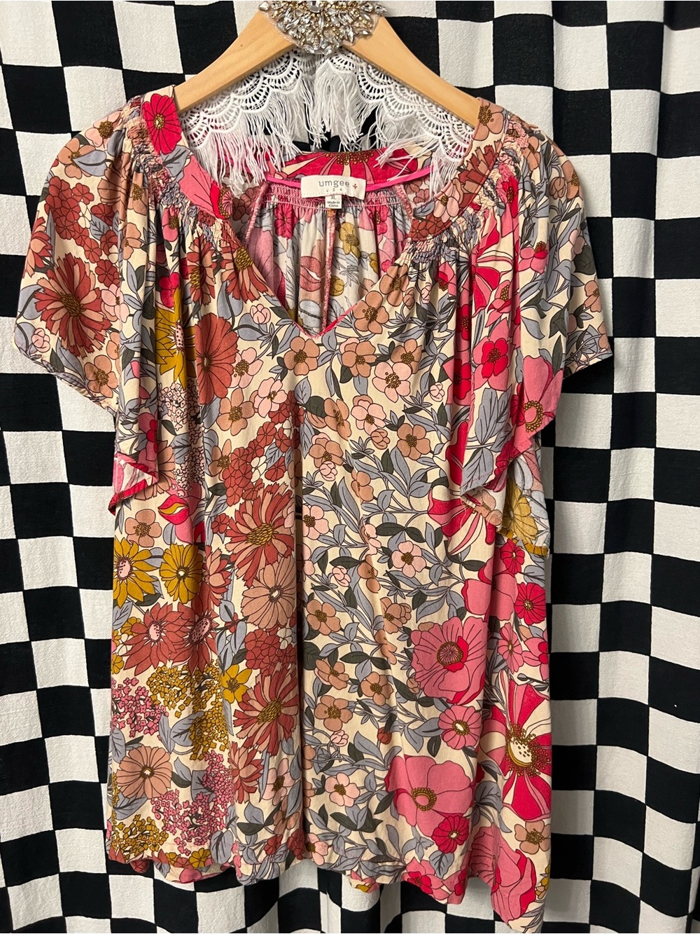 Umgee Pink Floral Short Sleeve V-Neck Tee with Yellow and Brown Accents